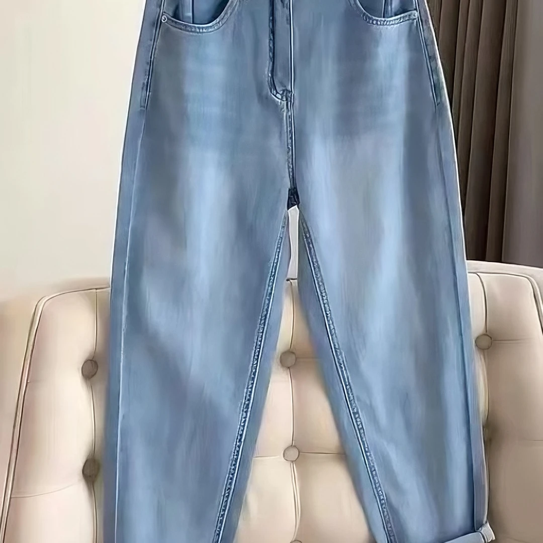 夏季新款水洗磨白松紧腰浅蓝高腰高弹哈伦垮裤老爹裤面料柔软舒服