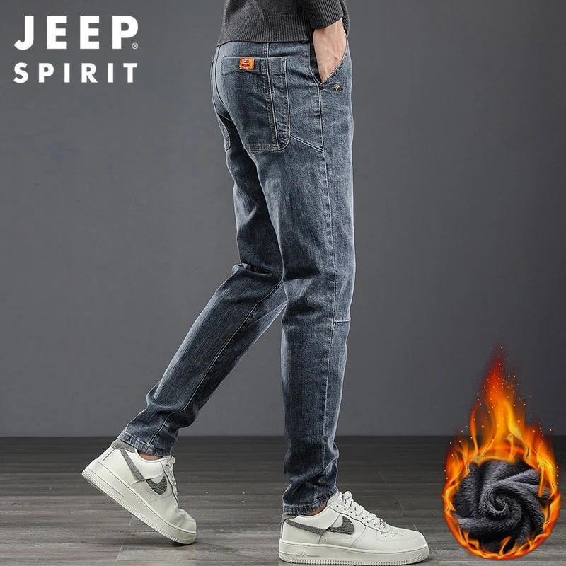 JEEPSPIRIT加绒加厚牛仔裤男士秋冬保暖弹力休闲百搭直筒帅气时尚