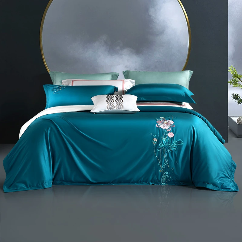 富安娜家纺60支长绒棉素色新国风刺绣花四件套棉床单被套床上用品