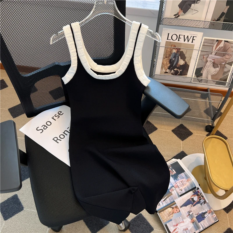 美式辣妹针织吊带连衣裙女夏季新款小个子a字裙气质黑色包臀短裙