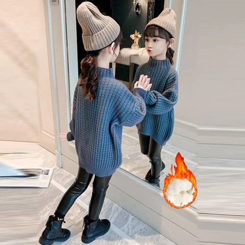 女童加绒毛衣套头2023新款洋气儿童秋冬装小女孩半高领打底衫加厚