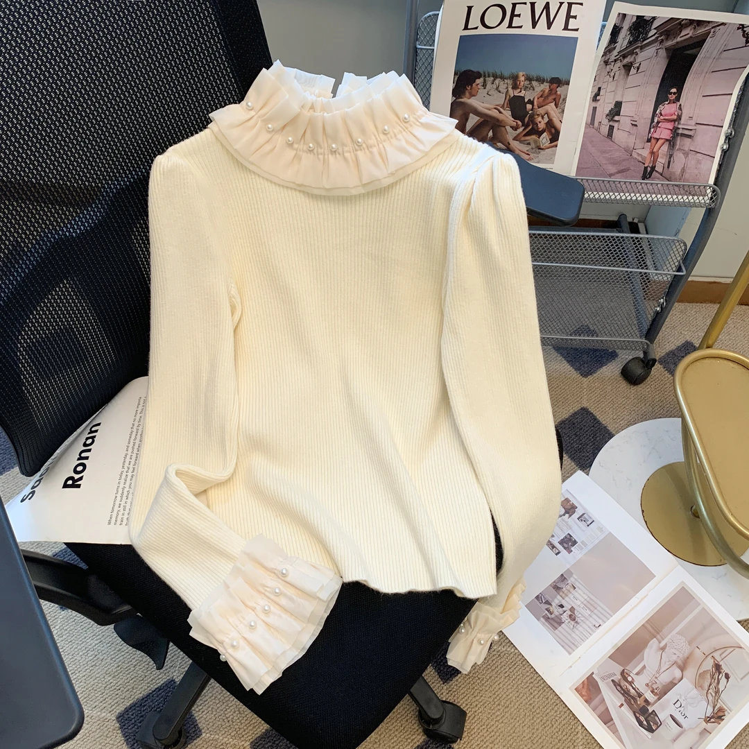 优胖大码法式宫廷风压褶钉珠花边领轻奢绝美气质针织衫女秋冬毛衣