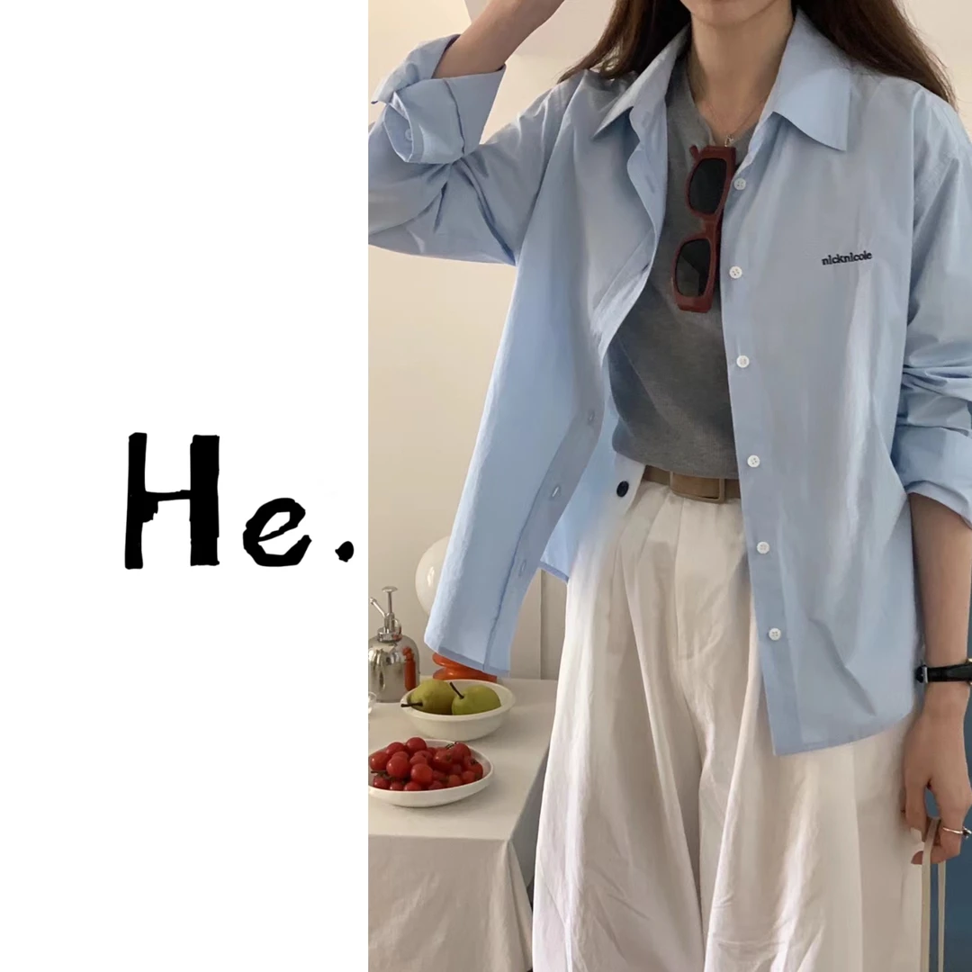 天空蓝休闲百搭棉衬衫