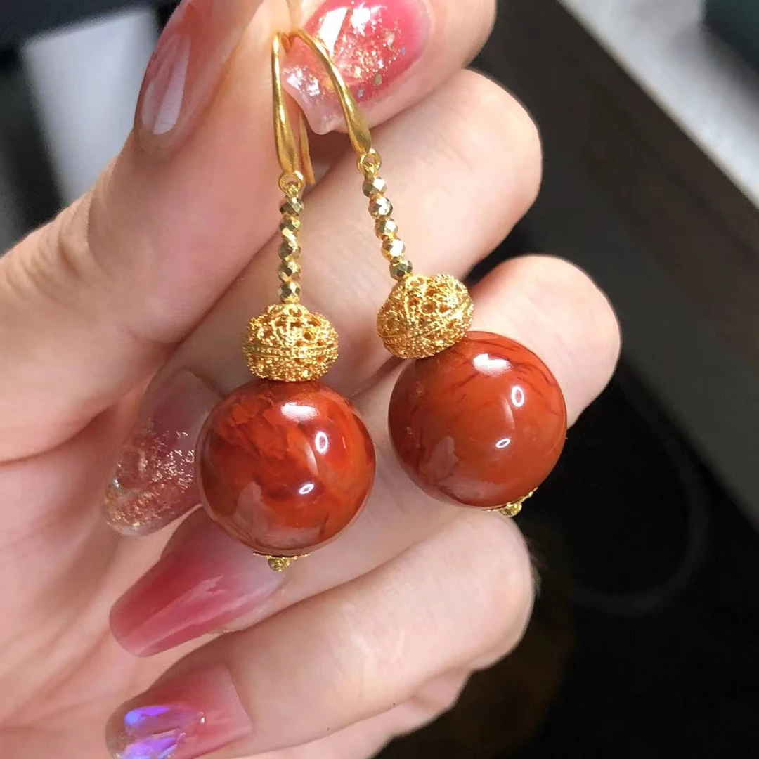 【艳姐珠宝】18K金南红圆珠耳环-19654