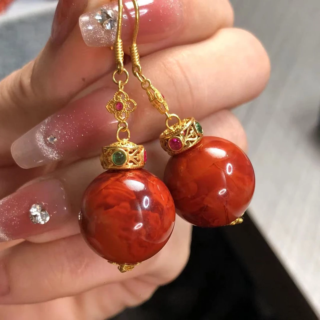 【艳姐珠宝】18K金南红圆珠耳环-19599/多样性发其一