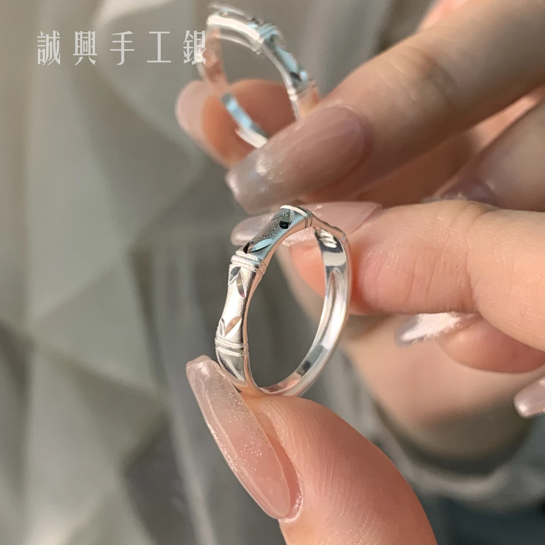 足银戒指 足银竹节印花银戒素款手工百搭可调节