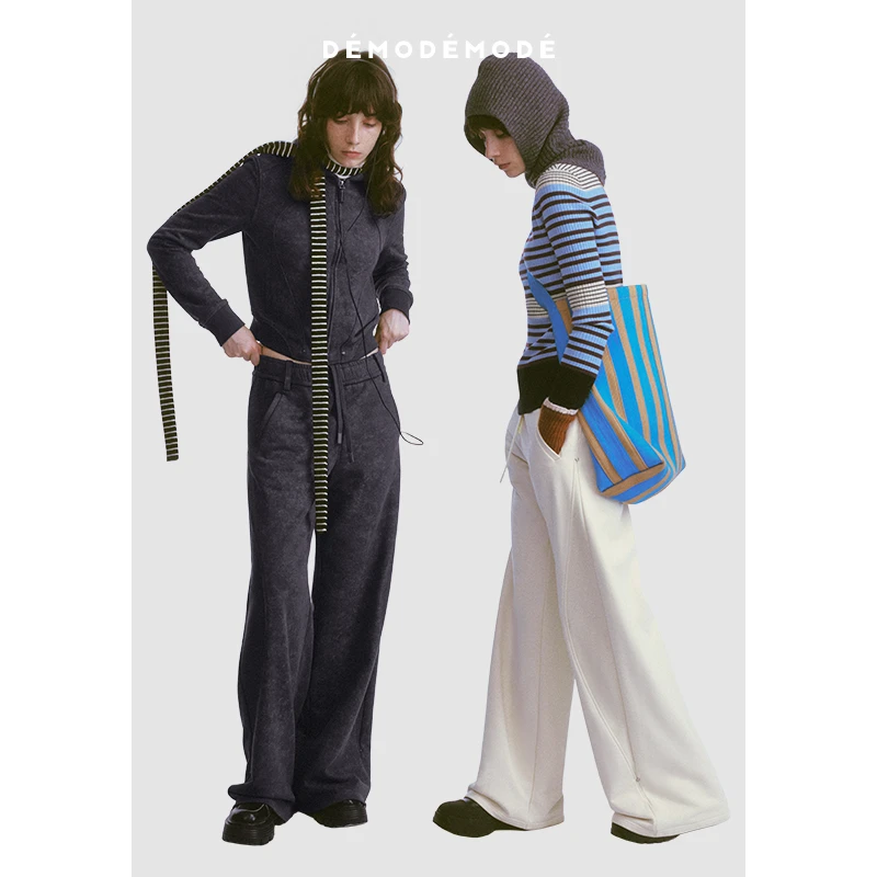 DEMODEMODE复古时髦宽松运动卫裤女2023早秋新品弧形分割阔腿裤