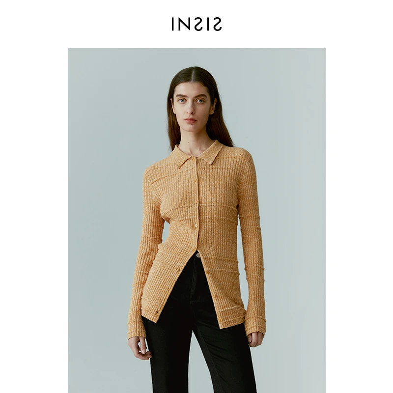 INSIS FEMME混色圈圈纱收身坑条开衫女2023春新款修身柔软针织衫