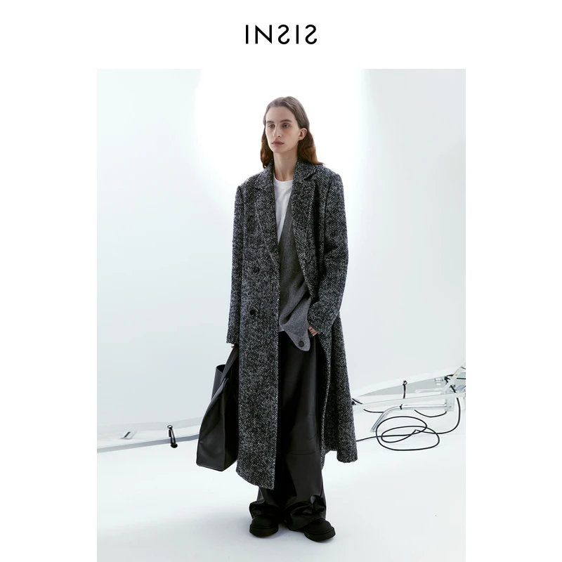 INSIS FEMME人字纹西装双排扣大衣女冬新款苏利羊驼羊毛毛呢外套