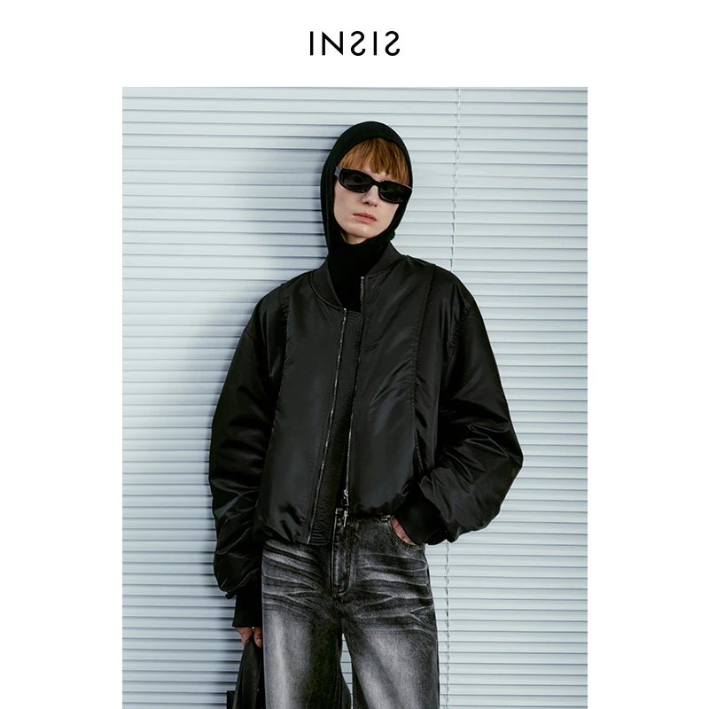 INSIS FEMME复古休闲环保棉冬季新款高密缎光飞行员夹克棉服外套