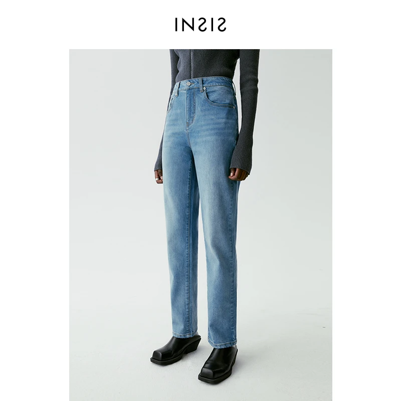 INSIS FEMME牛仔9分直筒裤女2023年春季新款重工水洗环保牛仔裤