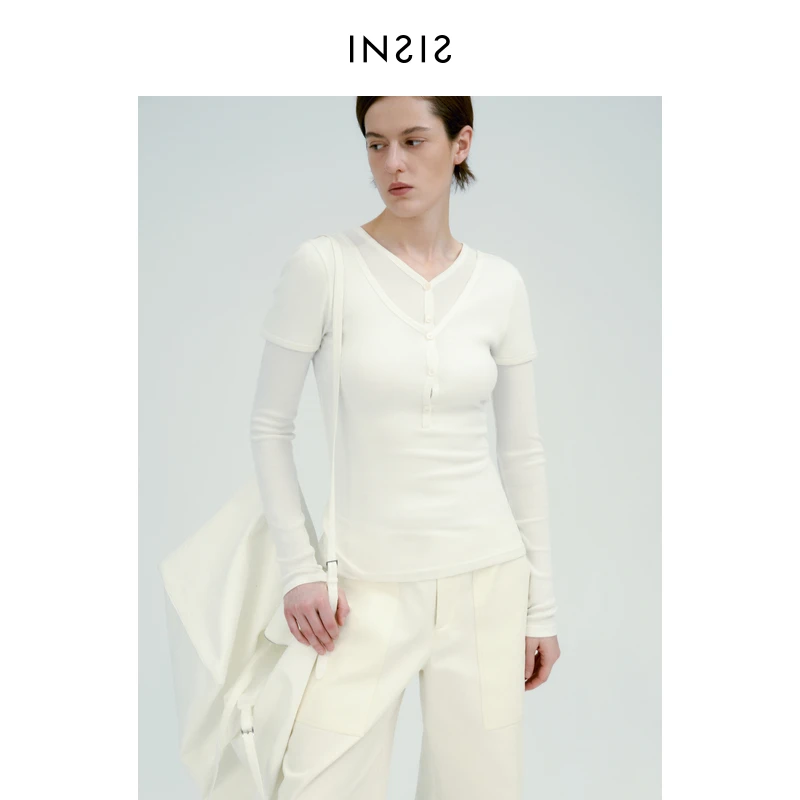 自然松弛舒弹棉针织打底衫两穿短袖亨利领坑条T恤女FN24111002