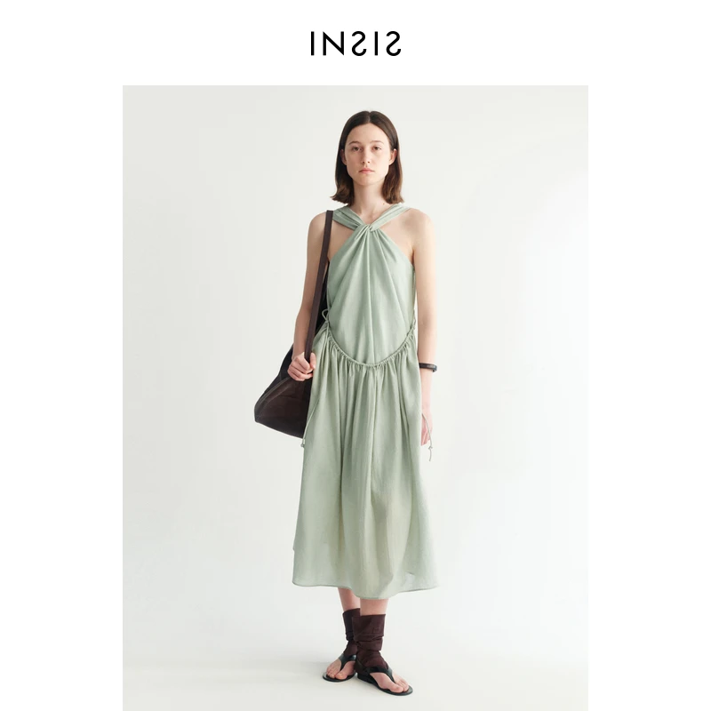 INSIS FEMME北欧文艺肌理亚麻夏新款交叉扭结领荡褶连衣裙薄荷绿