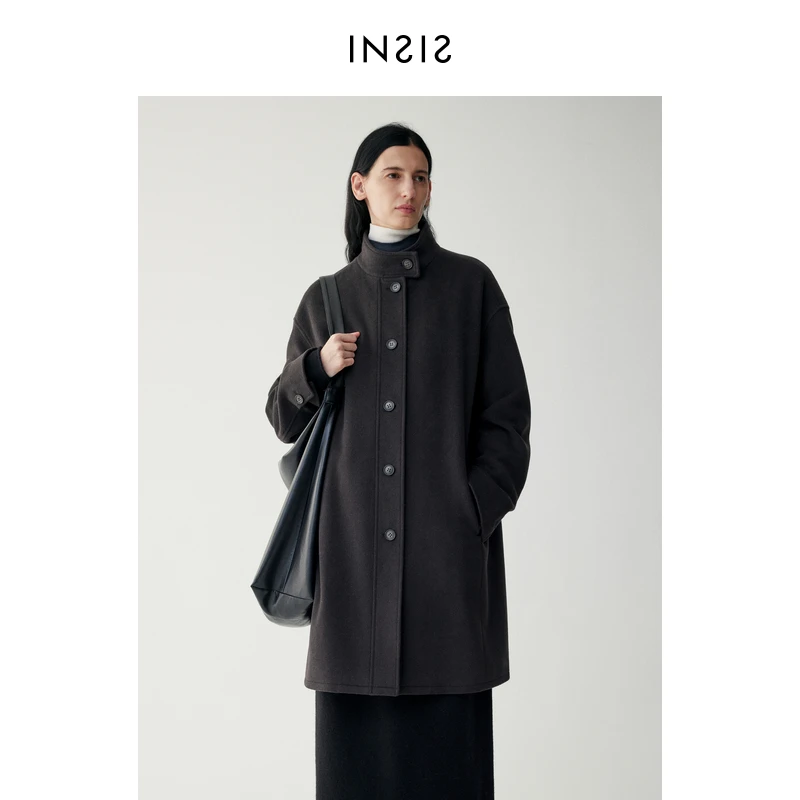 INSIS FEMME24冬季立绒复古立领落肩廓形大衣外套女FN24423618