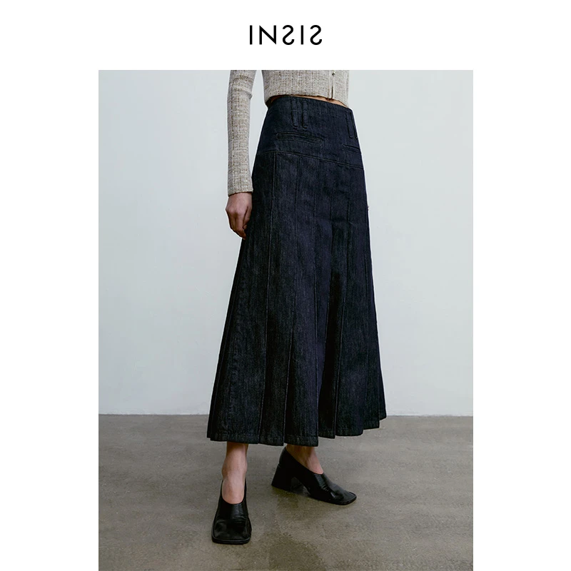 INSIS FEMME双腰头压褶A摆半裙女春夏新款压褶设计天丝牛仔半身裙