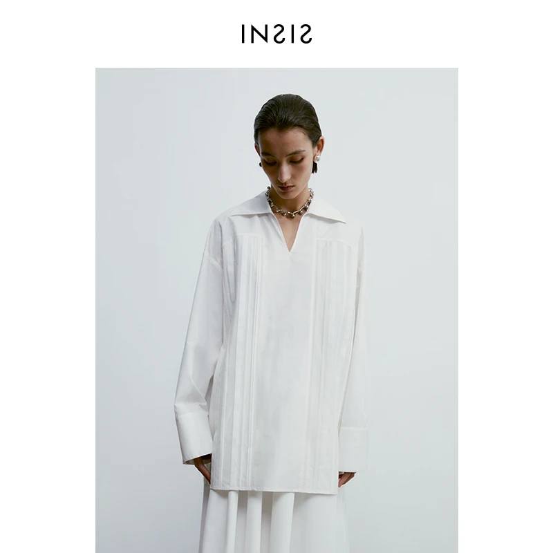 INSIS FEMMEV领不规则塔克男友衬衫女2023年春季新款匹马棉衬衣