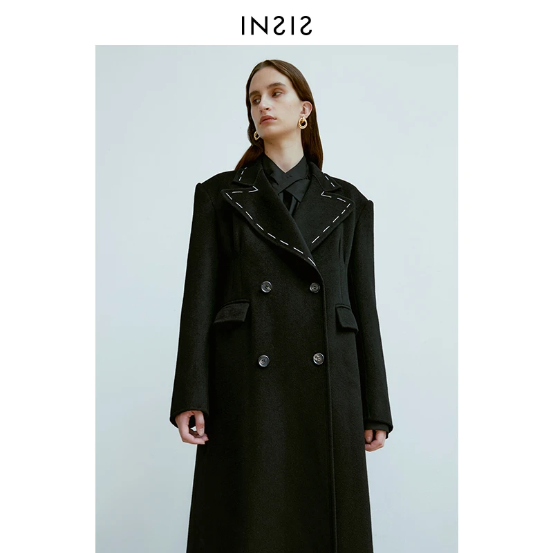 INSIS FEMME撞色装饰线落肩收腰阔版大衣女冬新款羊毛羊绒双面呢