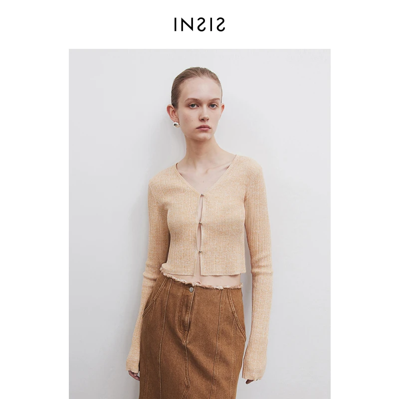 INSIS FEMME混色段染长袖度假叠穿针织衫圈圈纱镂空开衫早秋新品