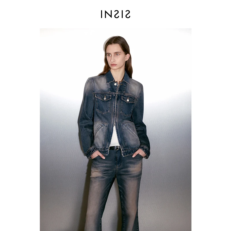 INSIS FEMME[复古牛仔]中古做旧修身秋新款不规则袋牛仔夹克外套