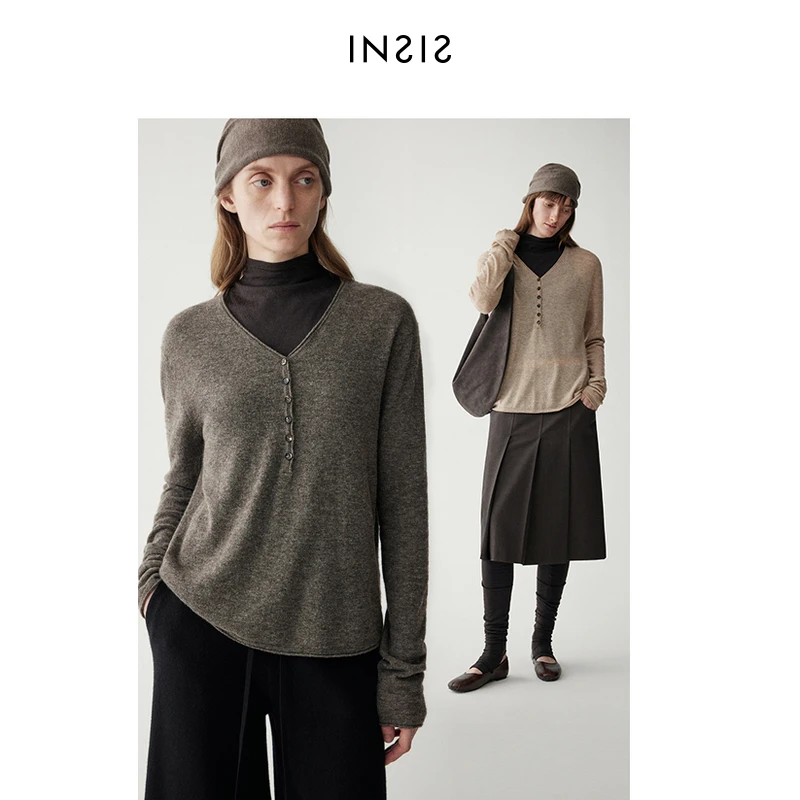 INSIS FEMME牦牛绒24秋冬保暖叠穿针织衫亨利V领针织女FN24411806