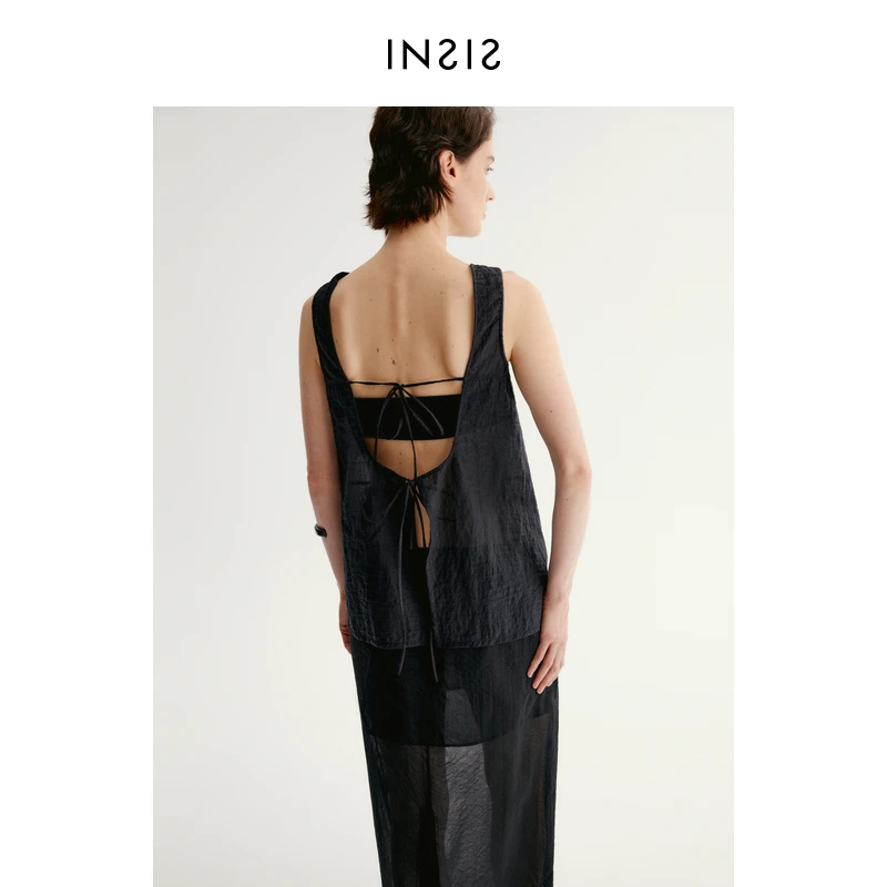 INSIS FEMME法式度假透视轻薄缩绉真丝露背马甲FN24221602
