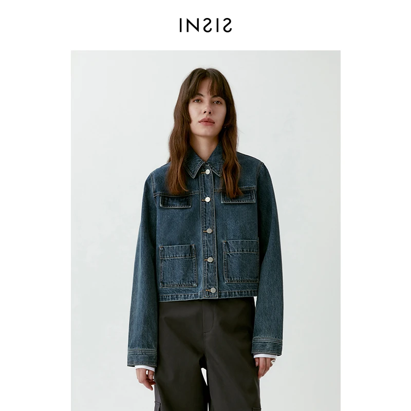 INSIS FEMMEH型复古洗牛仔短外套女2023年春季新款工装风软牛仔
