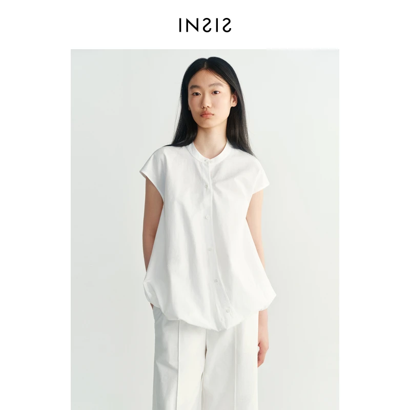 INSIS FEMME新中式肌理长绒棉夏新款斜门襟扭转气球飞袖衬衫女
