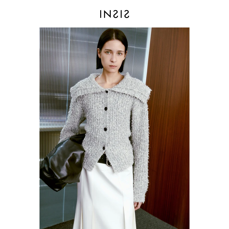 INSISFEMME冬季新款羊驼毛米粒纱翻领短开衫上衣女外套FN23423504