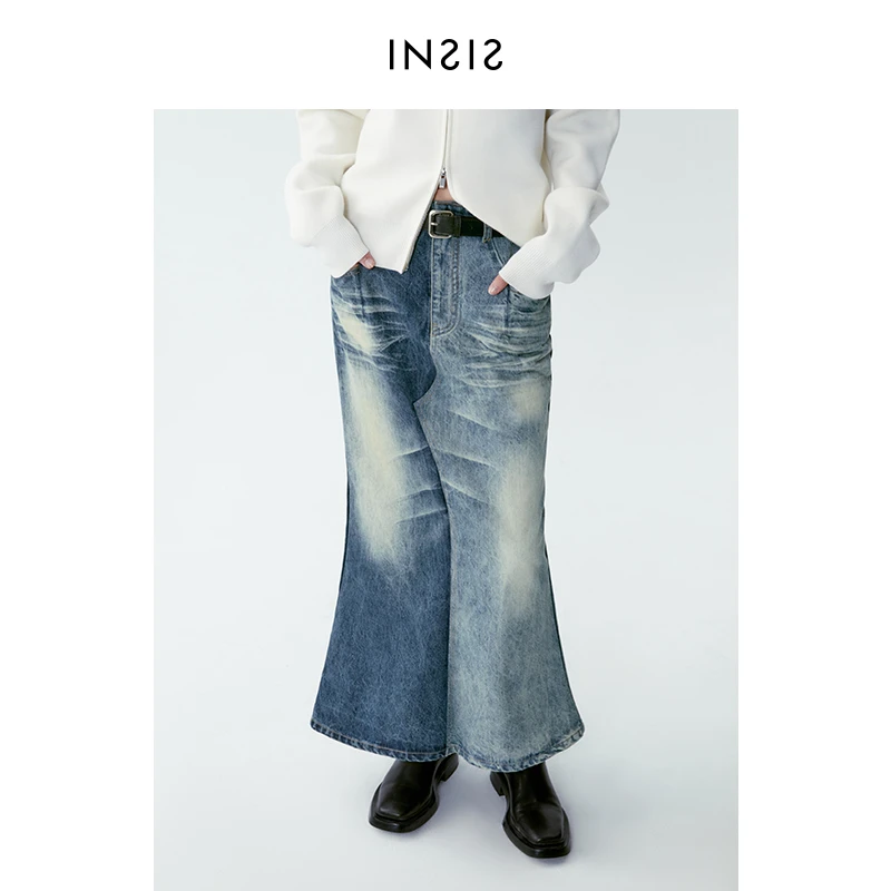 【反季特卖】INSIS FEMME复古时髦长绒棉牛仔撞色渐变鱼尾半身裙女