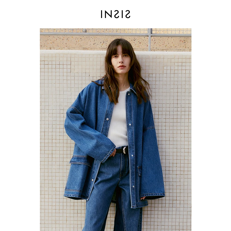 INSIS FEMME中性风BOYISH长绒棉复古秋新款大廓形喇叭袖牛仔外套