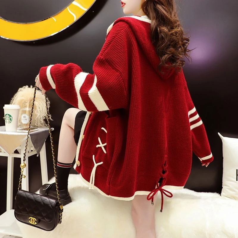 2025新款秋冬学生绑带毛衣开衫少女宽松设计感小众针织外套女款