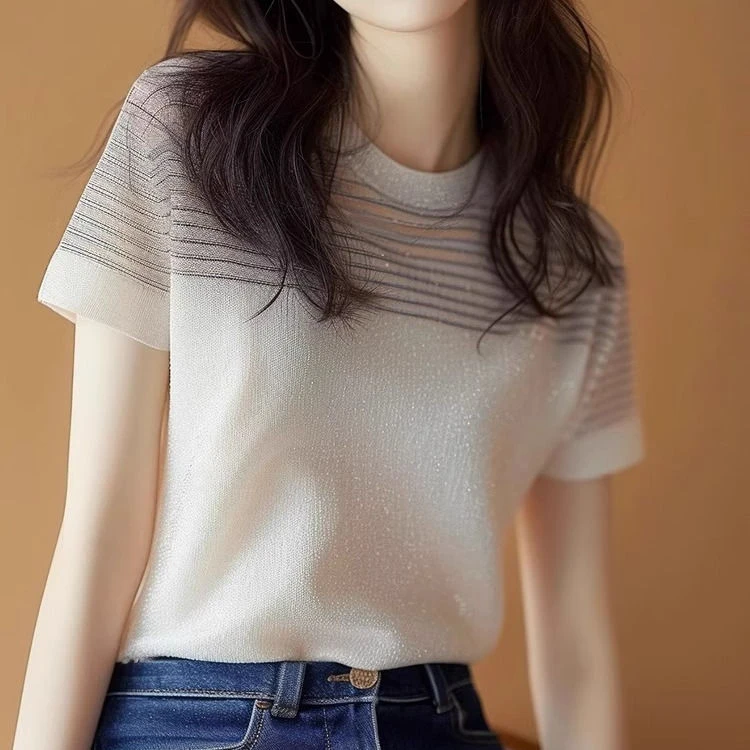 2025显瘦学生短款白色条纹短袖t恤百搭洋气针织衫气质感上衣17潮