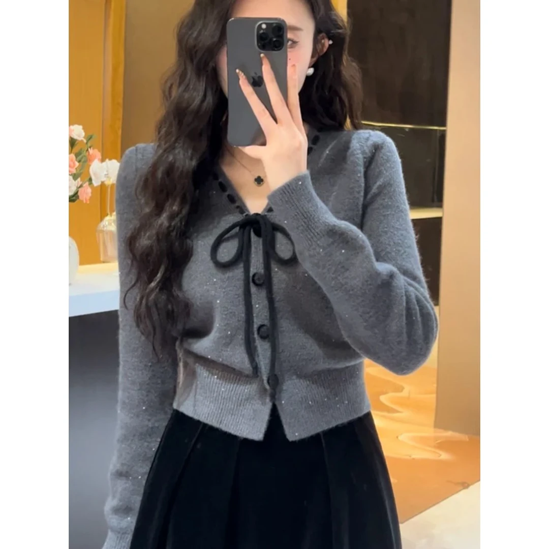 小香风蝴蝶系带毛衣开衫打底韩版气质温柔洋气宽松慵懒风针织衫