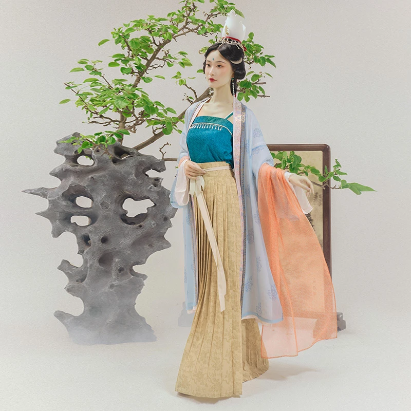 重回汉唐 浮光跃金 改良吊带对襟长衫一片式褶裙宋制汉服女款夏