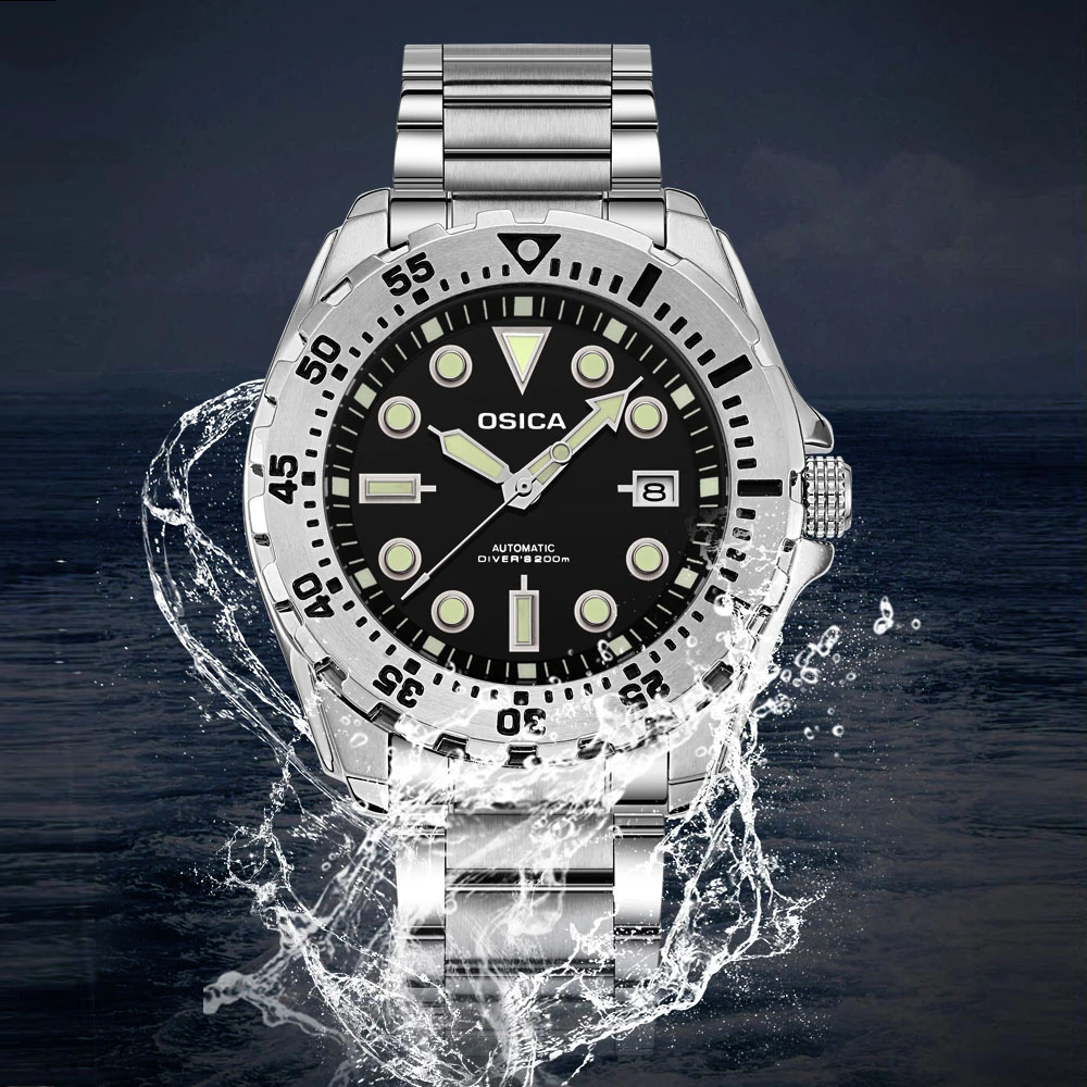 OSICA新款蓝宝石玻璃瑞士夜光全自动进口机芯男机械腕表潜水系列