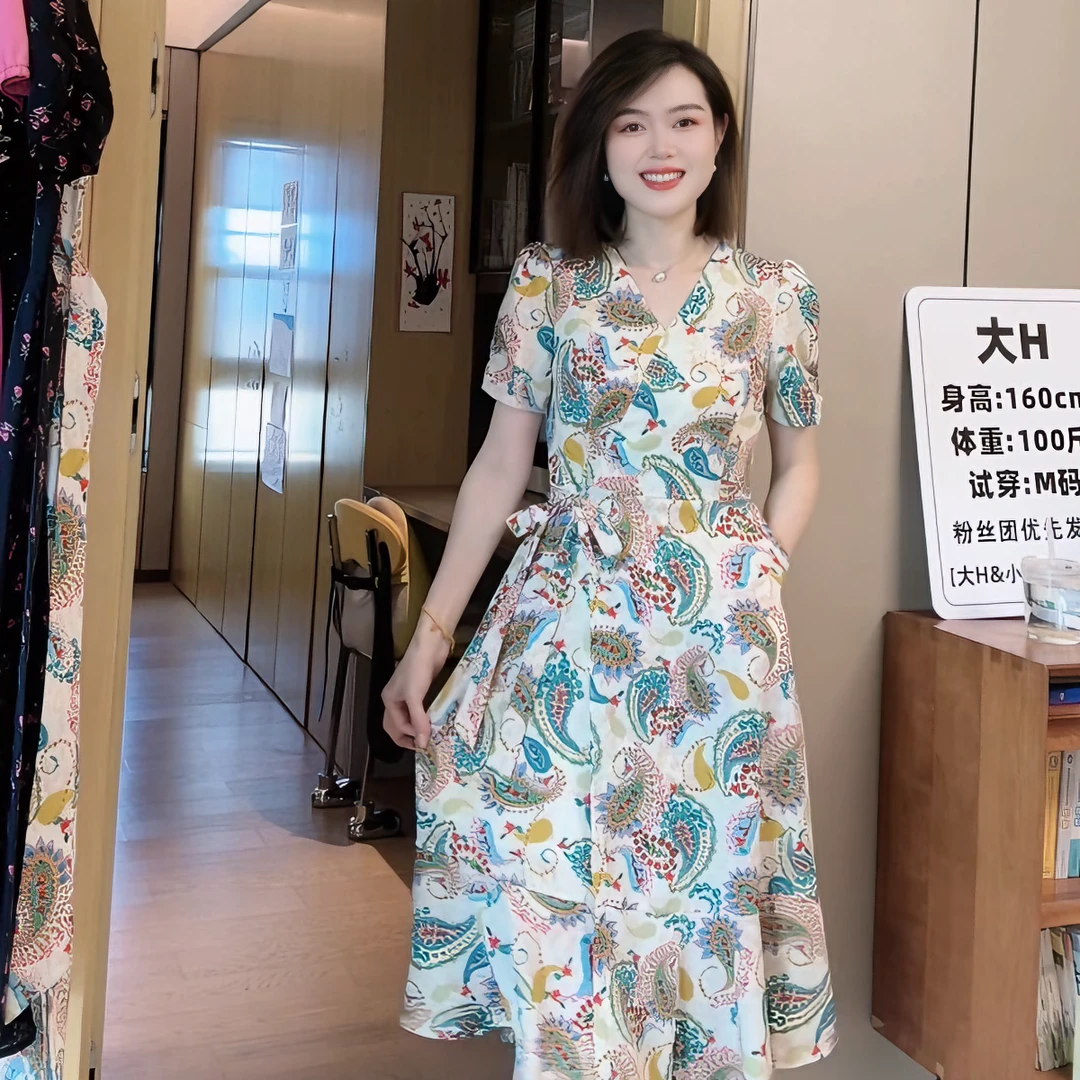 【瑰丽花苓】浪漫V领气质收腰显瘦口袋款时尚清凉印花女装连衣裙