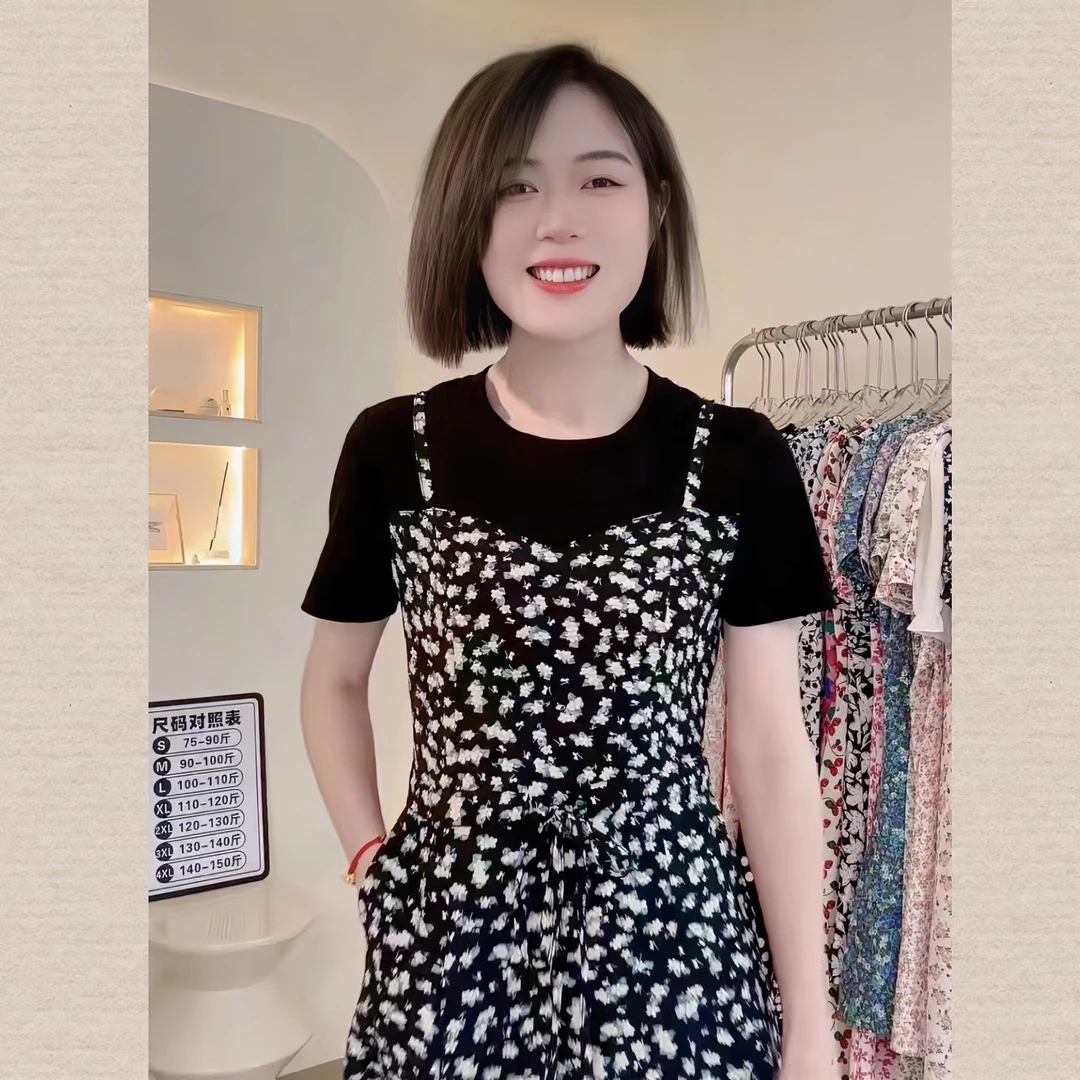 【如花似锦】气质印花假两件拼接圆领修身显瘦口袋款小个子连衣裙