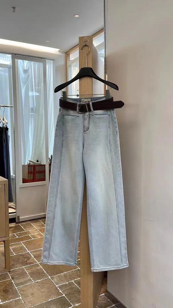 SHUSHU  欧货加绒加厚浅蓝色窄版阔腿裤