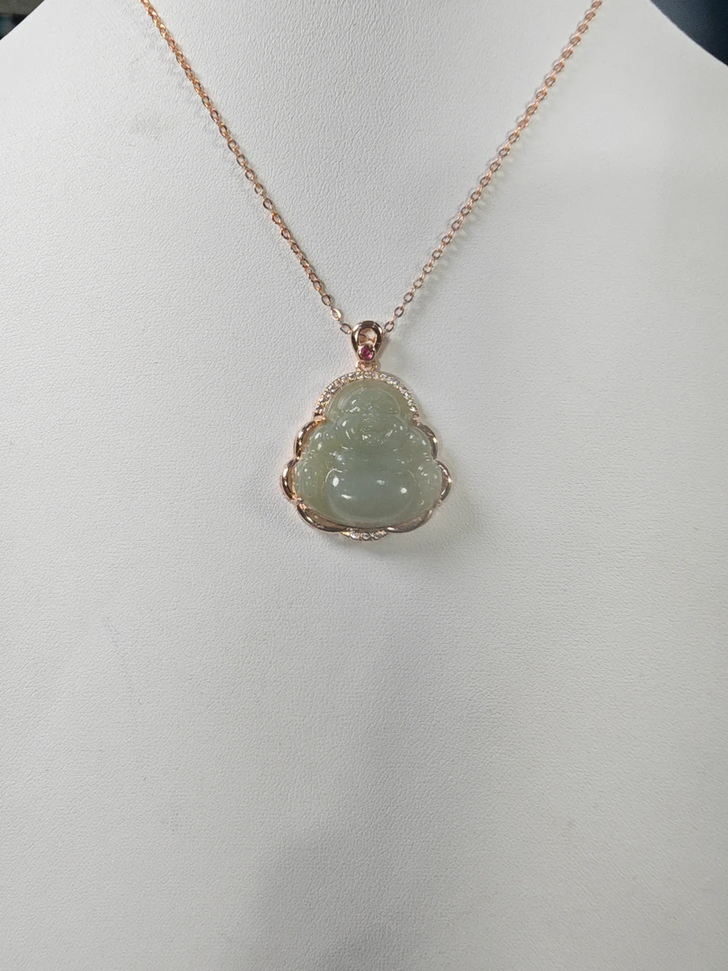 和田玉镶嵌大肚弥勒佛女款气质精美时尚轻奢吊坠