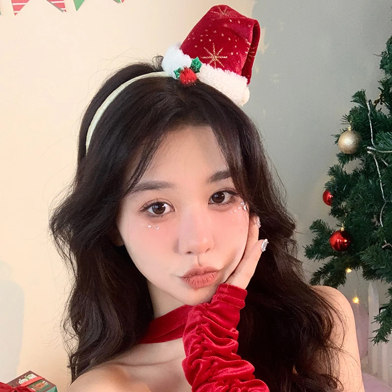 红色丝绒立体圣诞帽子发箍小众设计感发卡圣诞派对装扮拍照头饰女