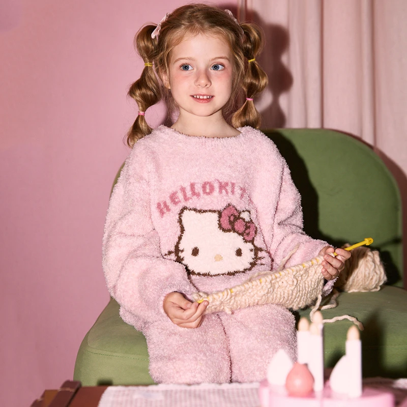 YJ8203 半边绒睡衣女童秋冬HelloKitty保暖软绵绵家居服套装加厚