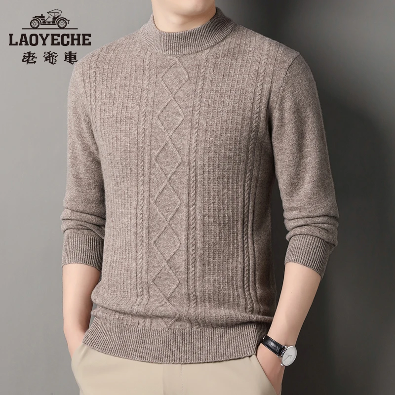 老爷车2024秋冬厚款100%纯羊毛衫高奢提花圆领商务加厚打底衫男25