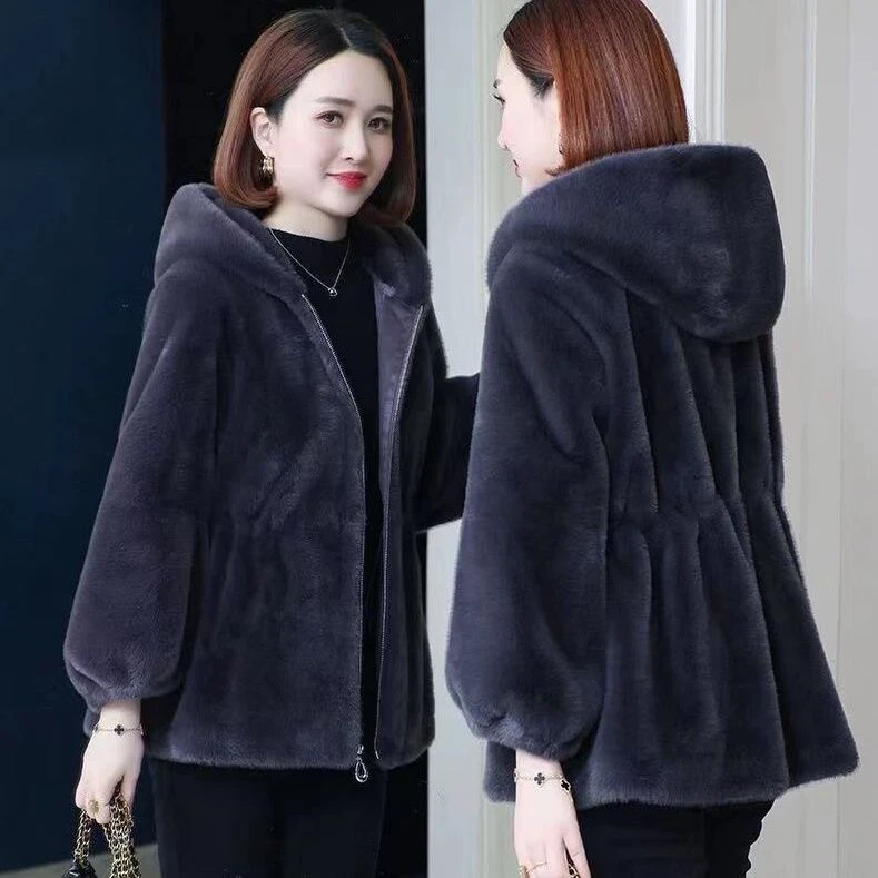 休闲纯色短款连帽外套冬季皮毛一体秋冬厚外套时尚百搭加厚保暖