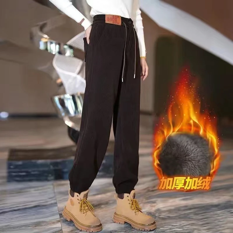 加绒加厚灯芯绒束脚裤保暖冬款休闲裤子