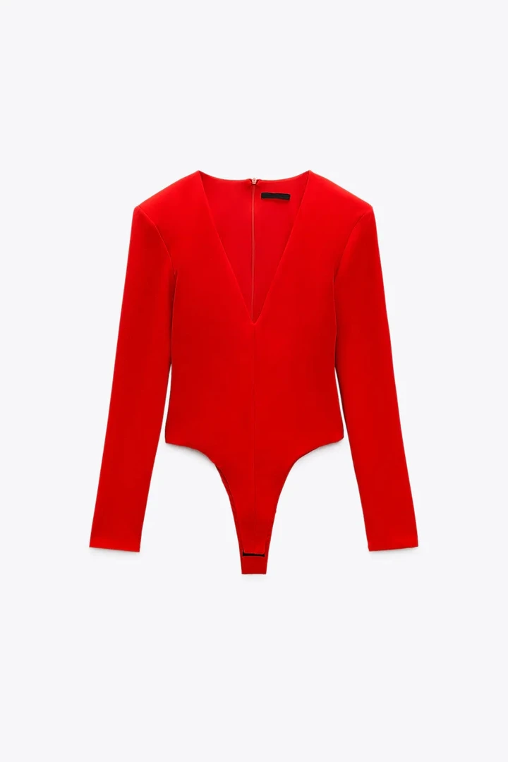 nunususu 长袖T恤秋冬内搭打底法式V领性感紧身带垫肩连体衣