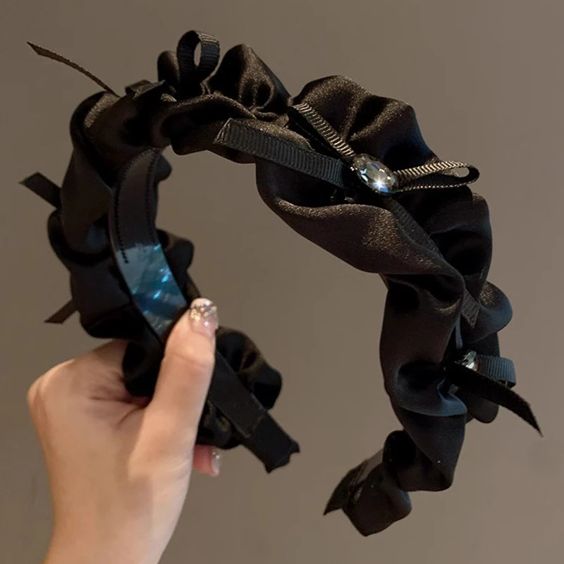 复古轻奢法式黑色褶皱发箍女蝴蝶结水钻头箍气质高颅顶头箍百搭