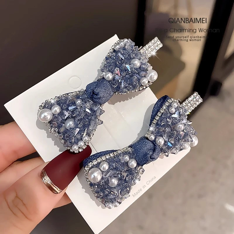 新款复古水晶蝴蝶结蓝色发夹珍珠水钻精致侧边夹刘海夹鸭嘴夹女
