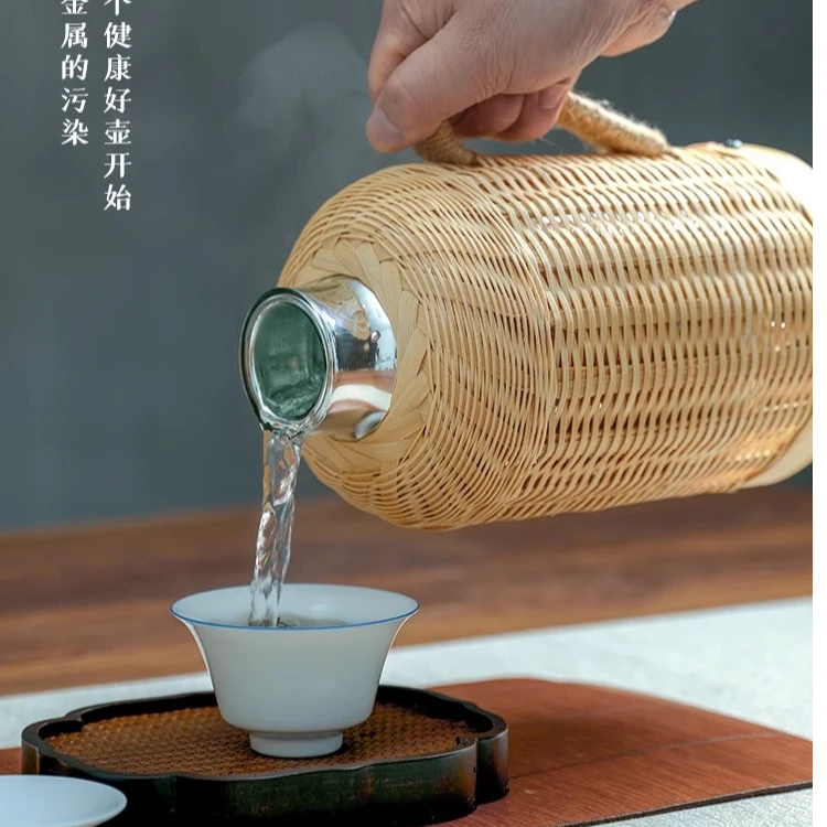 4磅1.6升秋日暖秋复古风竹编玻璃内胆保温保冷闷茶壶传统热水瓶