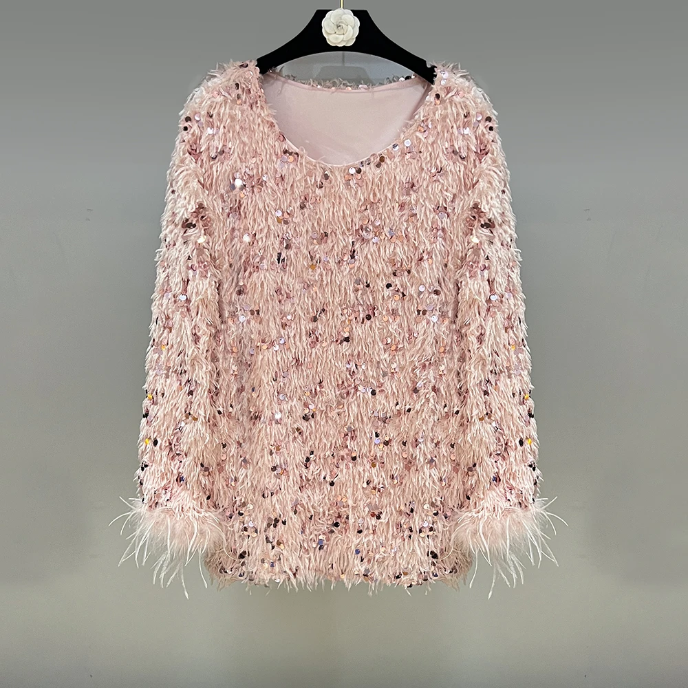 【粉黛佳人】DL气质潮流高奢性感宽松休闲百搭时尚亮片女士上衣