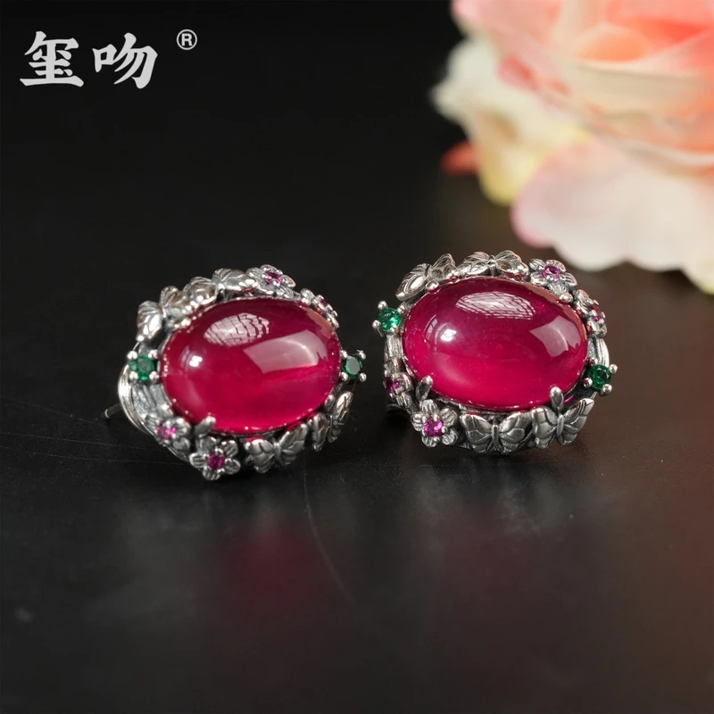 925银耳饰 【玺吻】s925银 蝶恋花红刚大蛋面耳饰